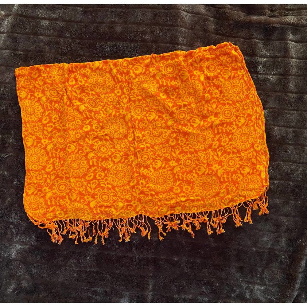 Yellow Floral Print on Bright Orange Long Fringed Scarf ~30"‎ x 70"